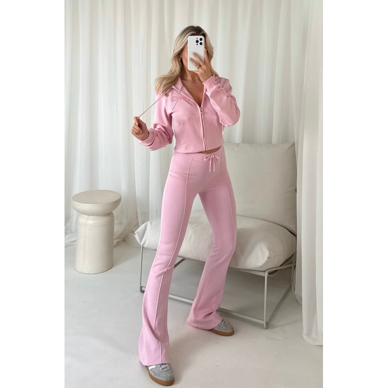 Bow embroidered pink cropped hoodie & flared leg jogger loungewear
