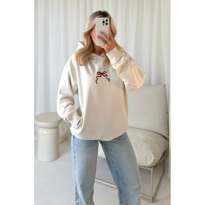 Bow printed ecru hoodie