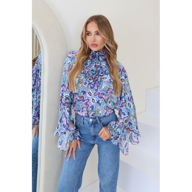 Sasha blue floral print frill shirt