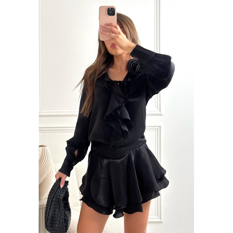 Paloma black ruffle trim shirt & skirt co ord