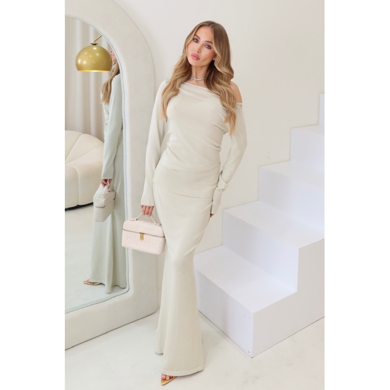 Sally pistachio knit off shoulder top & maxi skirt