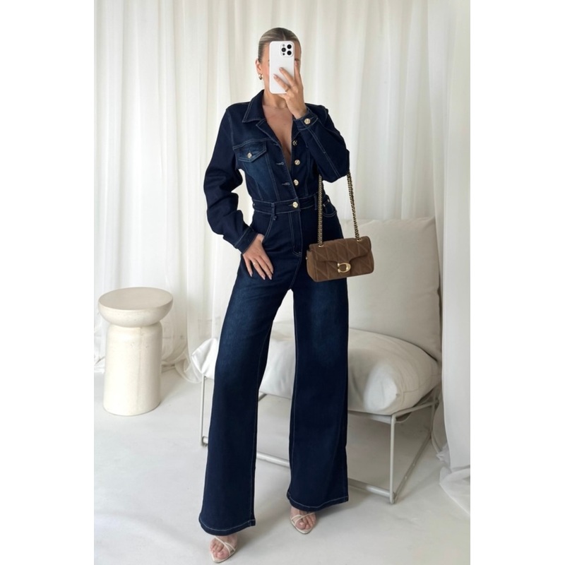 Mandy dark denim wide leg jumpsuit