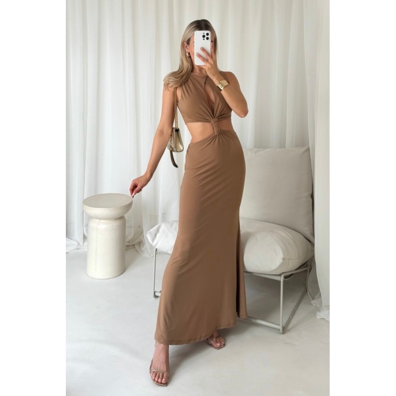 Maya brown knot cutout midi dress