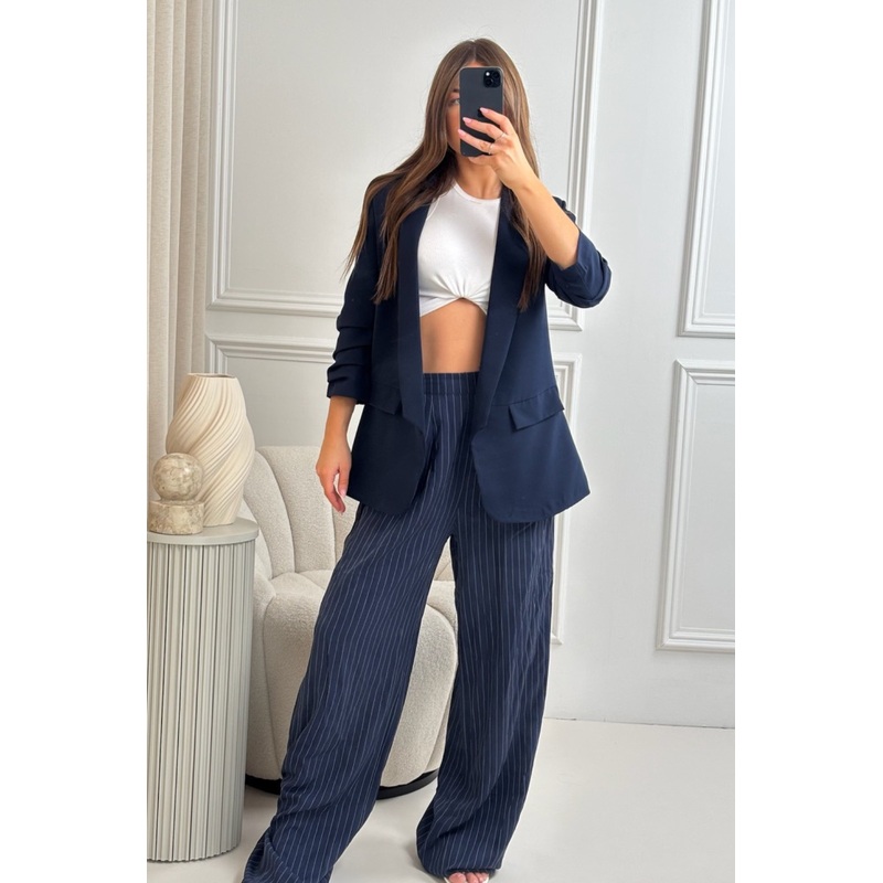 Valencia navy ruched sleeve blazer