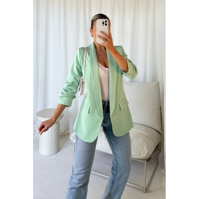 Valencia pistachio ruched sleeve blazer