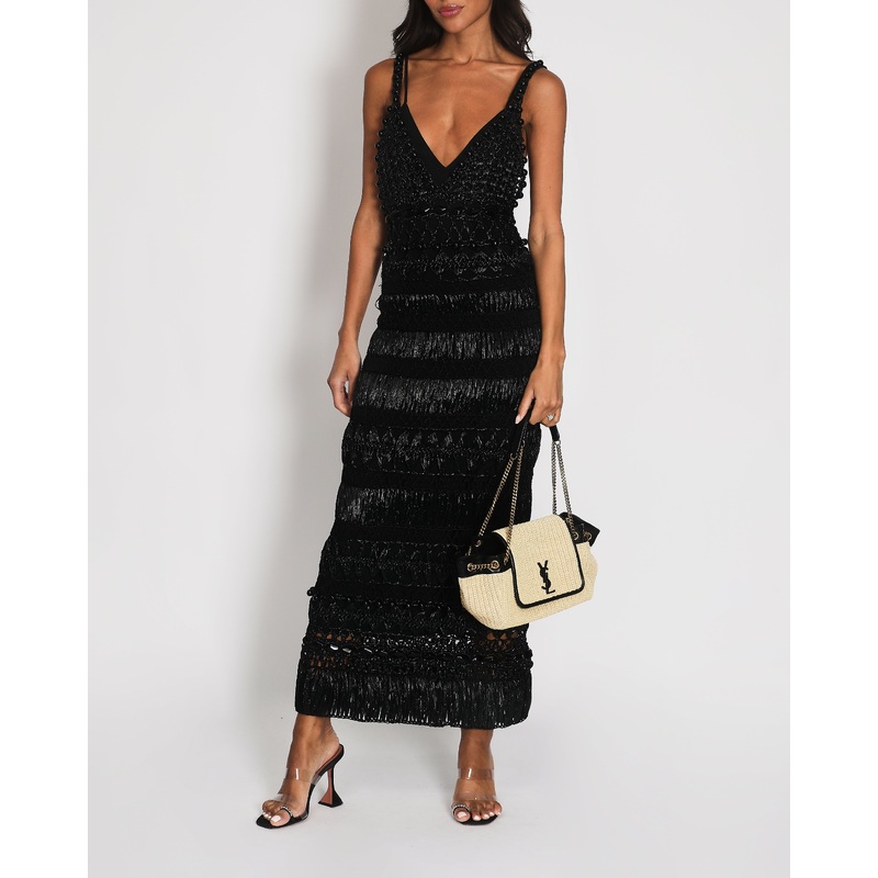 Alberta Ferretti Black Raffia Crochet Beaded Dress with Slip Size IT 38 (UK 6)