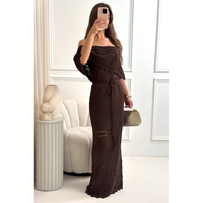 Amie chocolate brown crochet off shoulder maxi dress