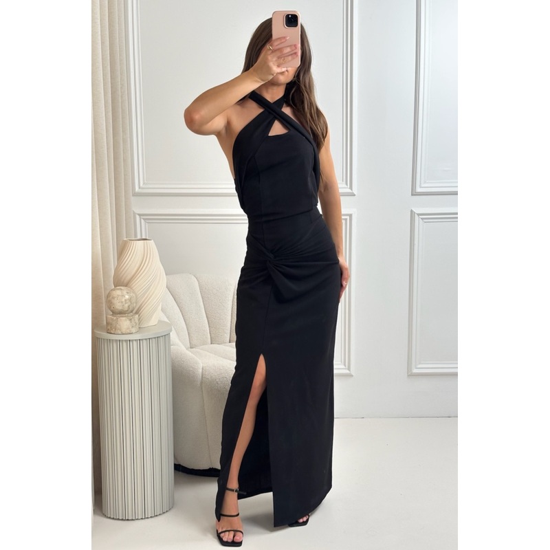 Anya black halterneck twist front midi dress