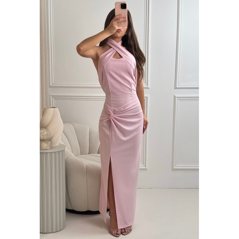 Anya pink halterneck twist front midi dress
