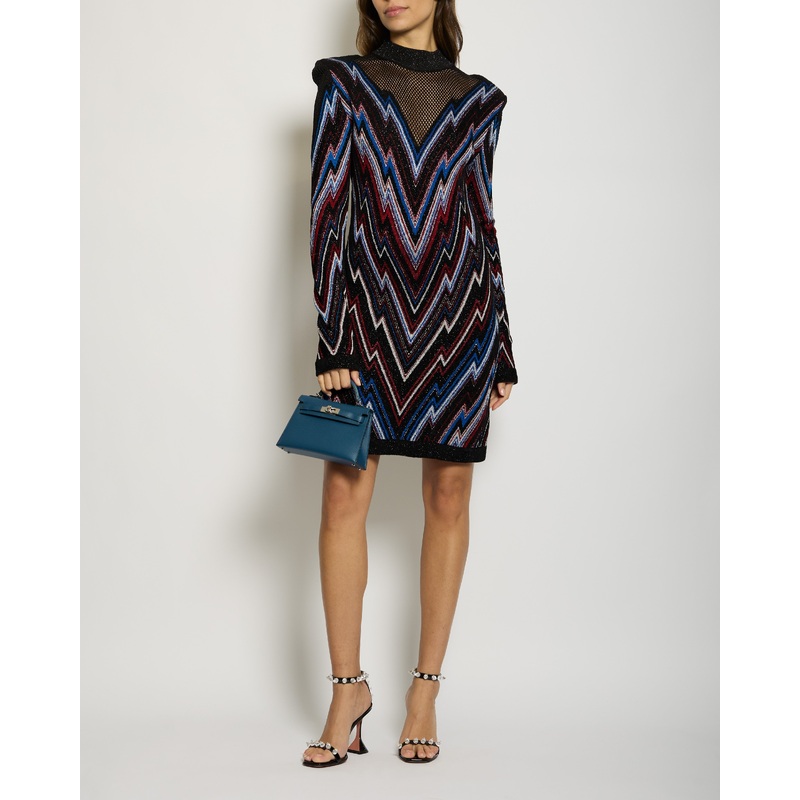 Balmain Black & Multi-colour Long-Sleeve Mesh Dress with Collar Detail FR 40 (UK 12)