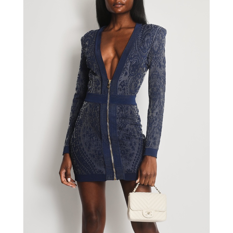 Balmain Blue Lace Mini Dress with Gold Zip Detail Size FR 38 (UK 10)