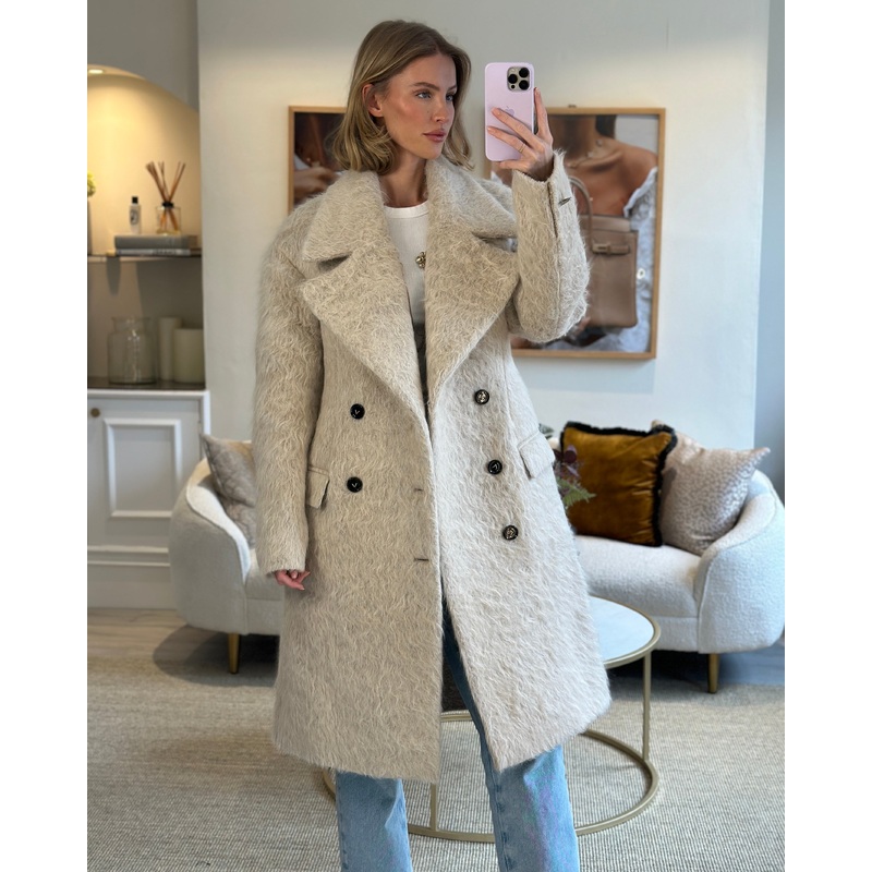 Bottega Veneta Beige Wavy Brushed Double Breasted Coat with Lapel Detail IT 42 (UK 10)