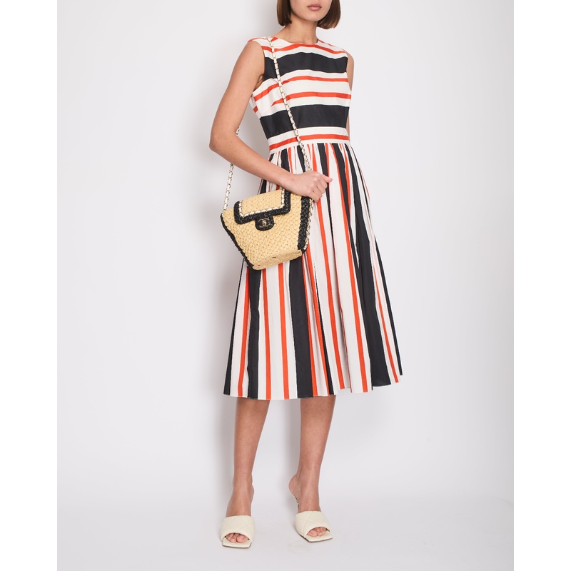 Dolce & Gabbana Red Striped Print Halter Neck Pleated Midi Dress IT 44 (UK 12)