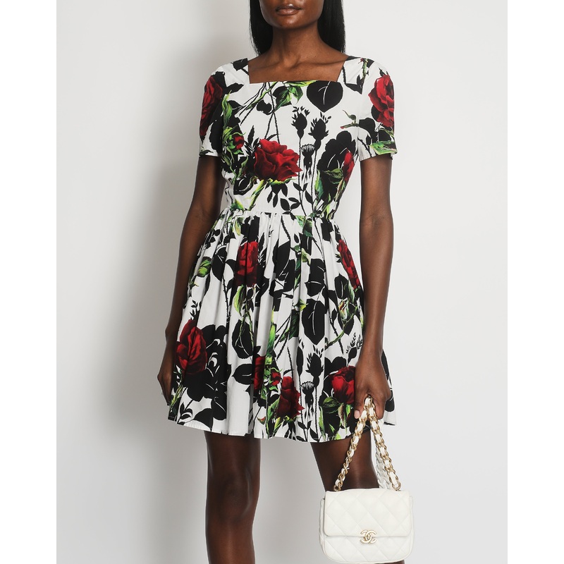 Dolce & Gabbana White and Black Rose Printed Mini Dress Size IT 44 (UK 12)