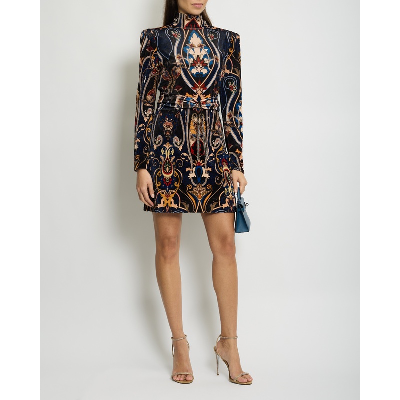 Dundas Velvet & Lace Paisley Print Long Sleeve Dress with Front Belt Detail IT 42 (UK 10)