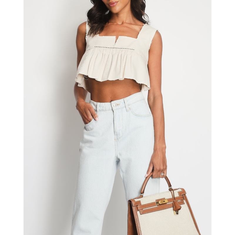 *HOT* Miu Miu Cream Cropped Frayed Cotton Peplum Top Size IT 36 (UK 4)