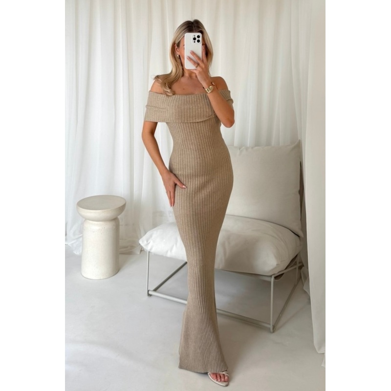 Kayleigh beige knit off shoulder maxi dress
