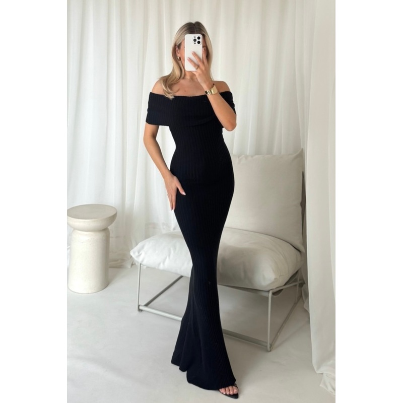 Kayleigh black knit off shoulder maxi dress
