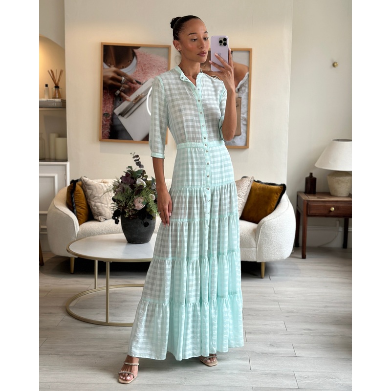 Like Yana Pastel Blue Vichy Long-Sleeve Layered Maxi Dress Size S (UK 8)