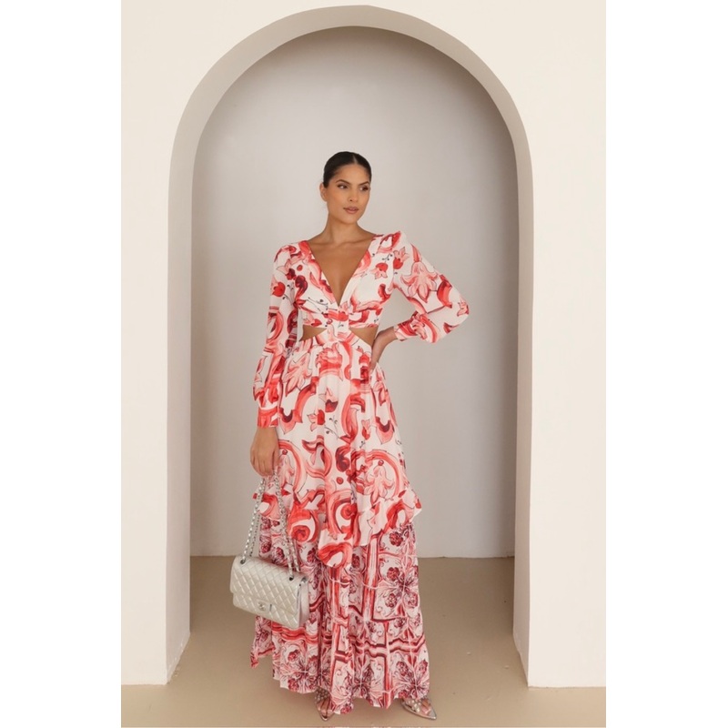 Lucia pink patterned cut out maxi dress
