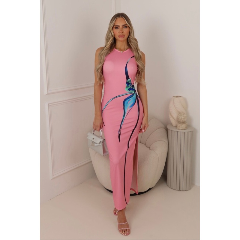 Miley pink floral printed fitted maxi dress