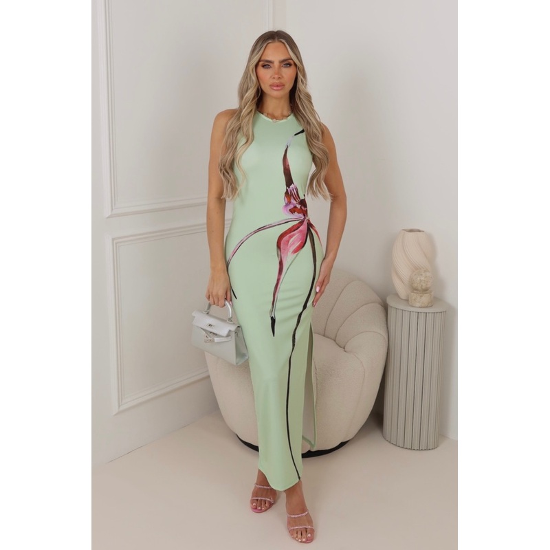 Miley pistachio floral printed fitted maxi dress