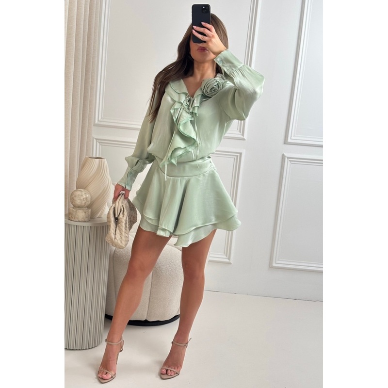 Paloma pistachio ruffle trim shirt & skirt co ord