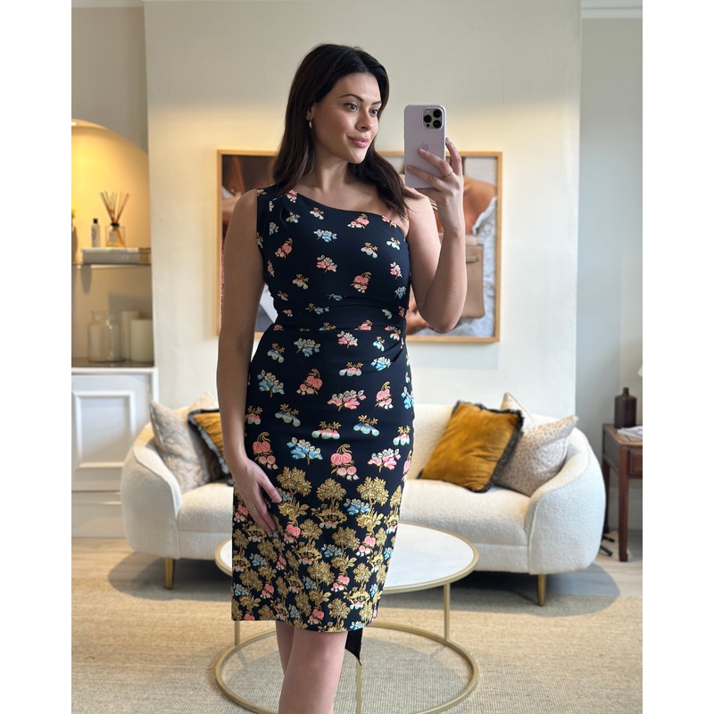 Peter Pilotto One Shoulder Navy Dress with Floral Print Detail Size IT 46 (UK 14)