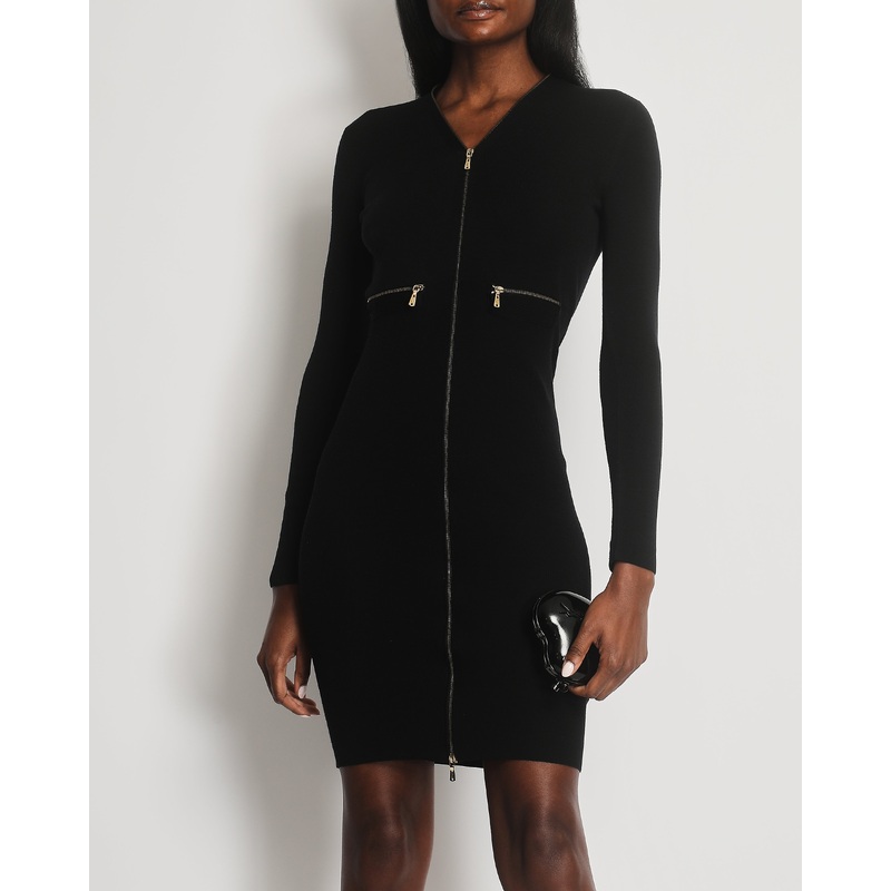 Saint Laurent Fall Winter 2008 Black Midi Knit Dress with Gold Logo Zip Details Size XS (UK 6)