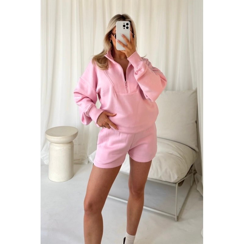 Amy pink 3/4 zip sweater shorts loungewear