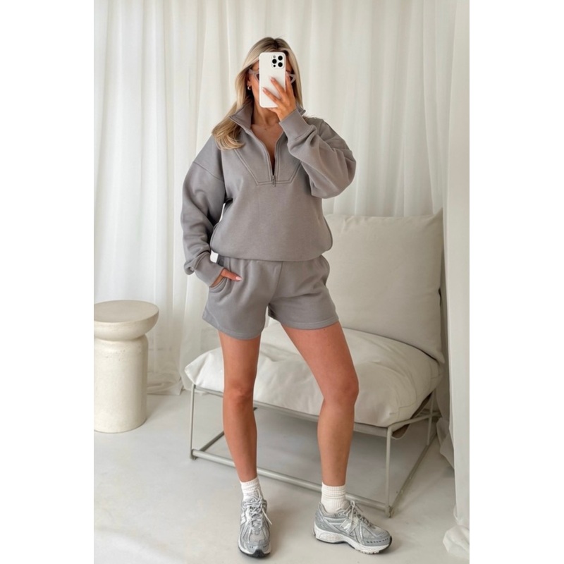 Amy slate grey 3/4 zip sweater shorts loungewear