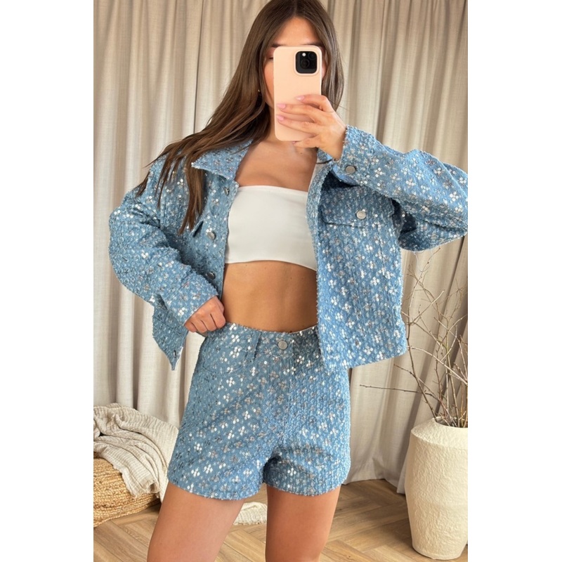 Anna blue denim sequin shorts
