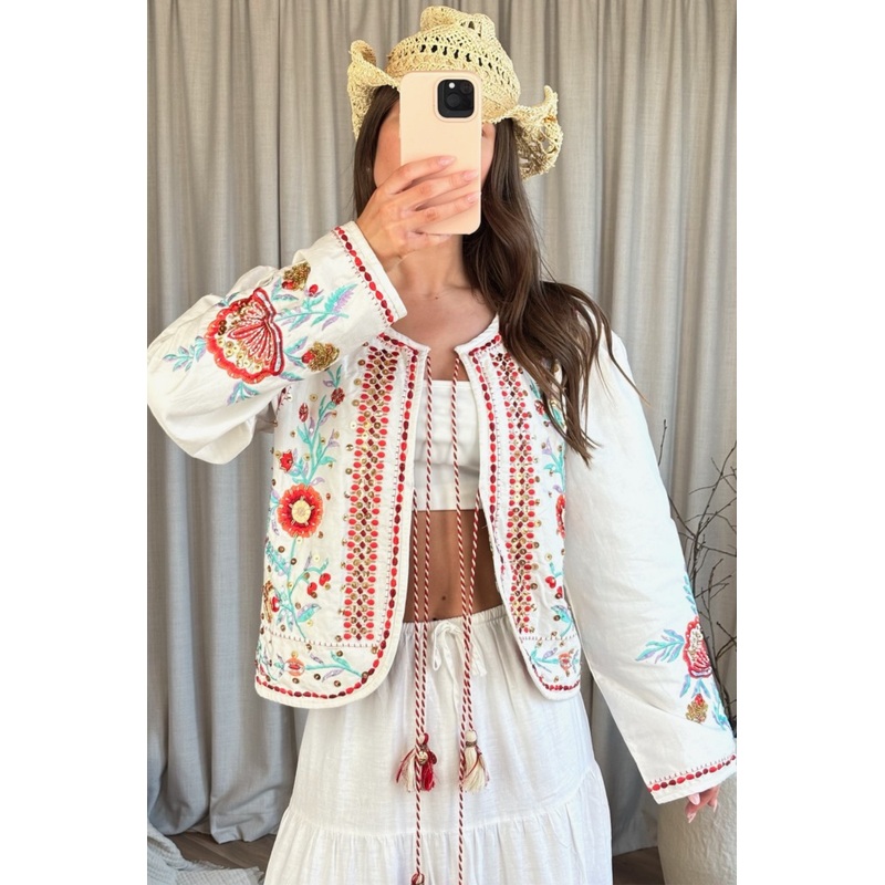 Aurora white embellished tie front jacket