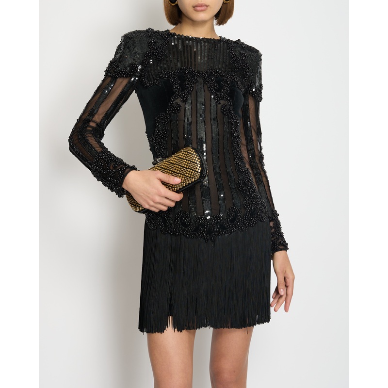 Balmain Black Embellished Long Sleeve Mini Dress with Fringe Detail FR 34 (UK 6)