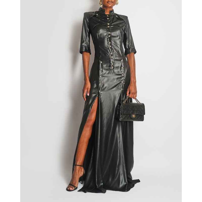 Balmain Black Leather Effect Maxi Dress with Gold Button Details Size FR 38 (UK 10)