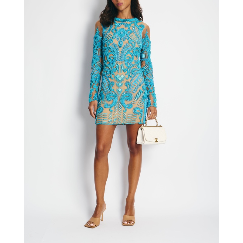 Balmain Blue and Beige Embellished Long- Sleeve Mini Dress Size FR 36 (UK 8)