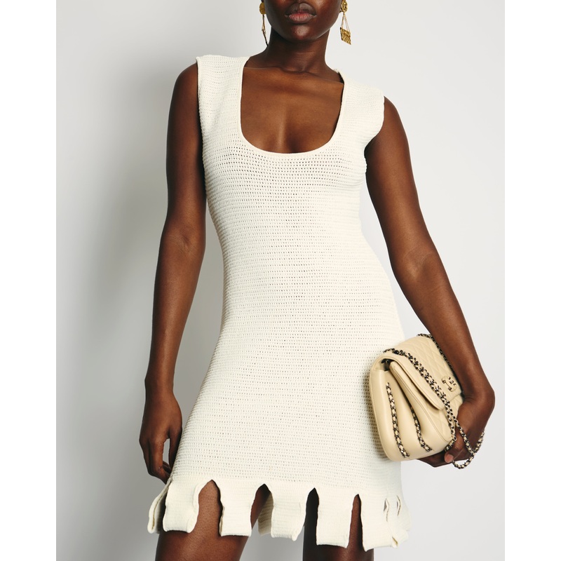 Bottega Cream Open-Knit Cotton Blend Mini Dress Size L (UK 14)
