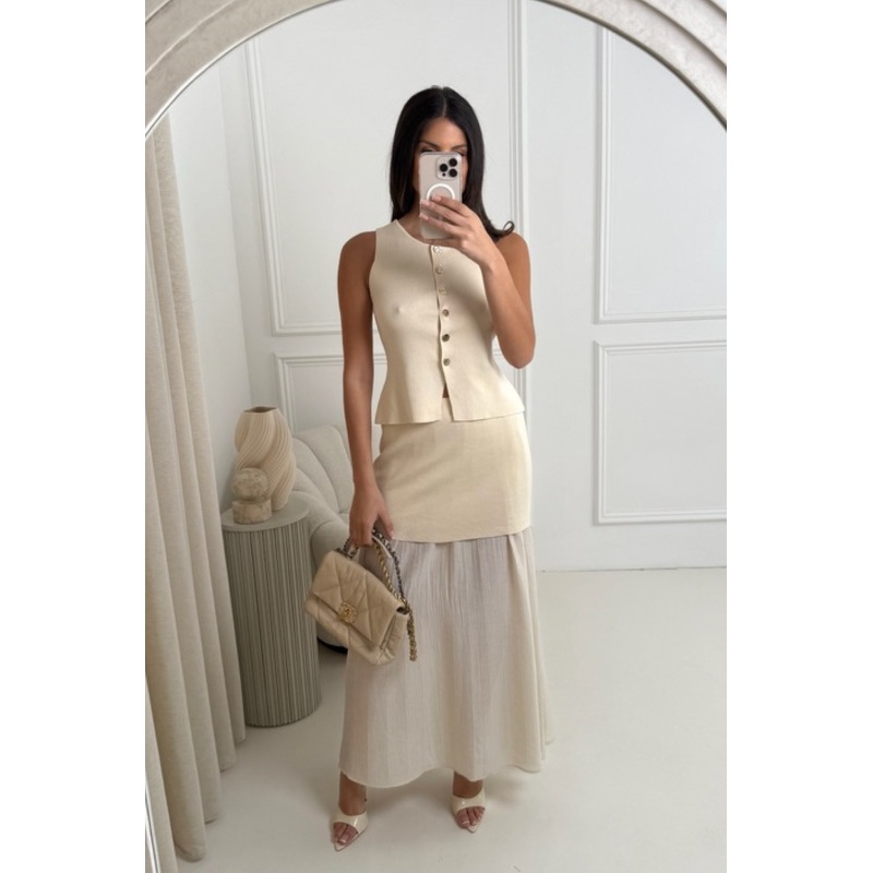 Delilah cream knit waistcoat & pleated sheer maxi skirt