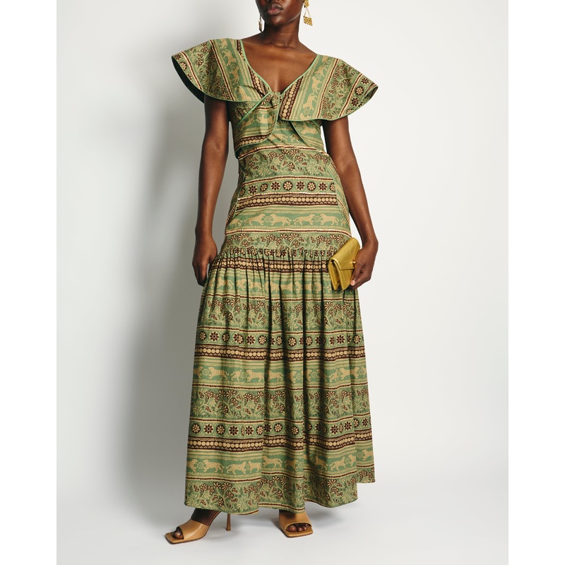 Johanna Ortiz Green and Pink Abstract Print Maxi Dress with Embellished Detail Size US 4 (UK 8)
