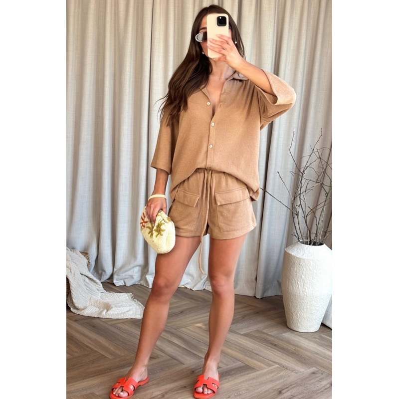 Riley camel knitted shirt & short co-ord