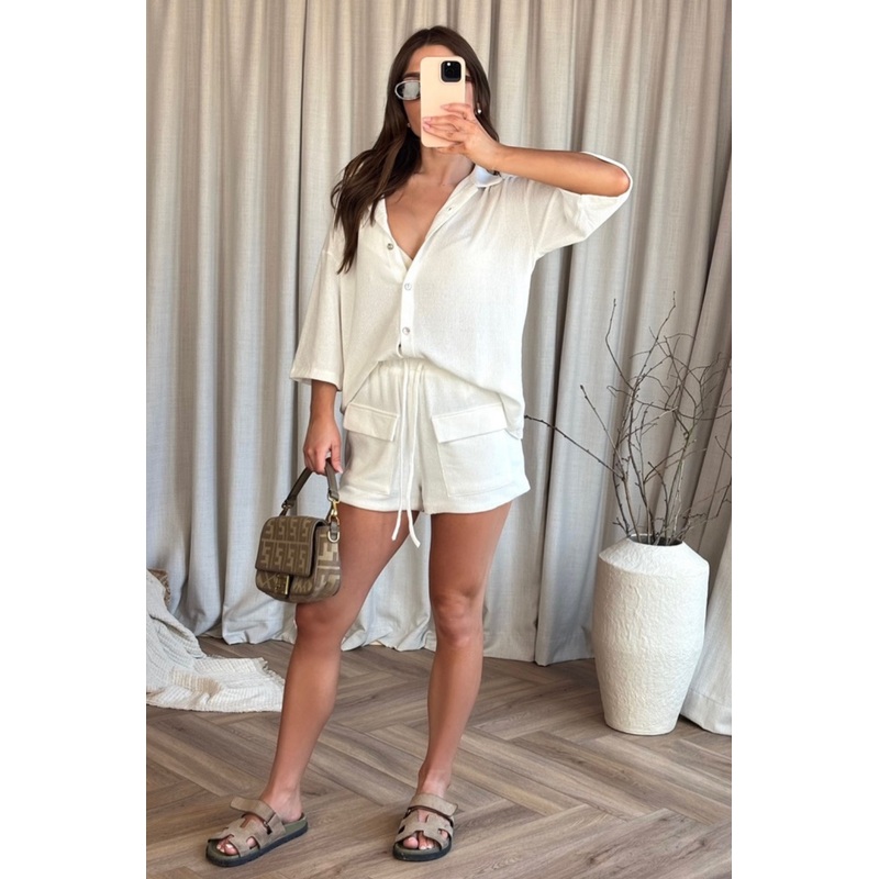 Riley cream knitted shirt & short co-ord