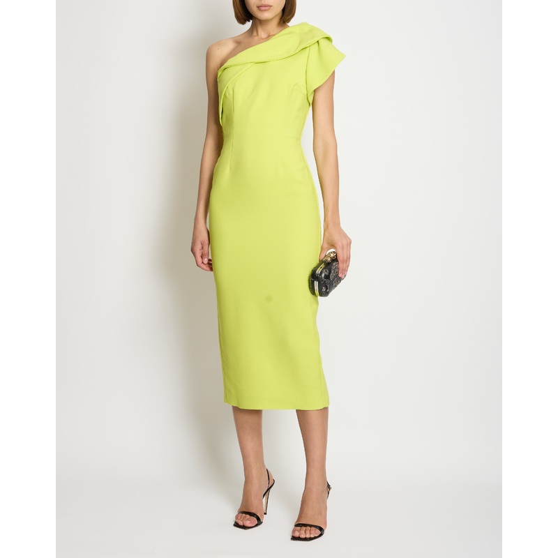 Roland Mouret Lime Green One-Shoulder Midi Dress with Split Metal FR 36 (UK 8)