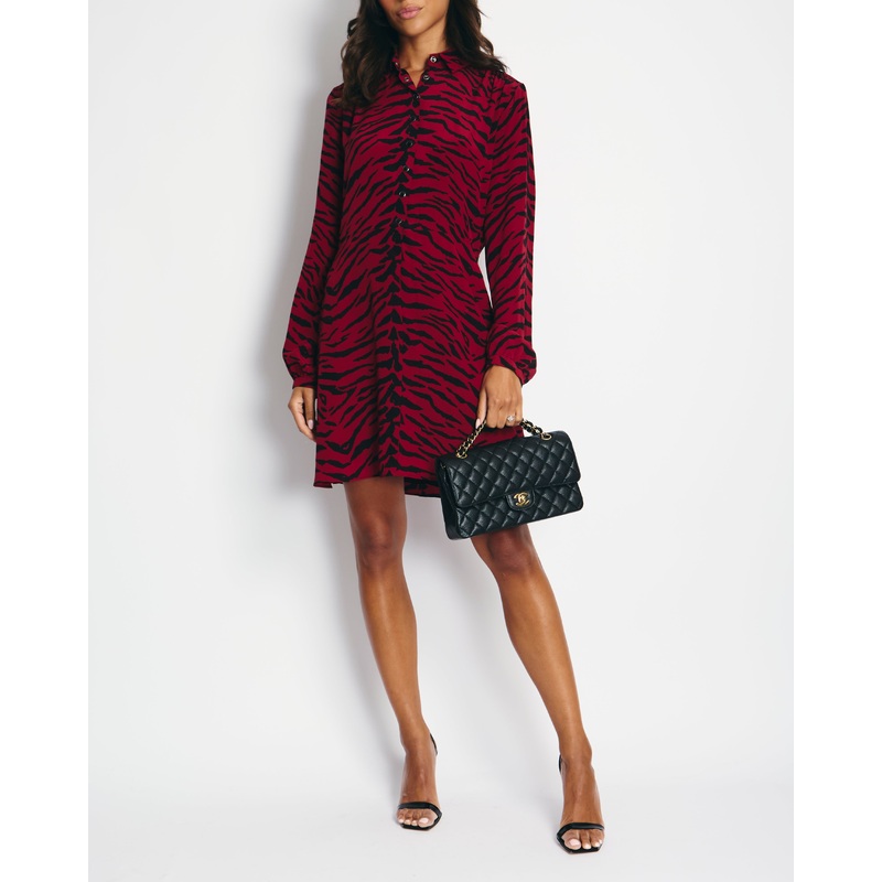 Saint Laurent Red Zebra Print Long Sleeve Midi Dress FR 38 (UK 10)