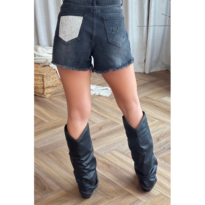 Thea black diamante pocket denim shorts