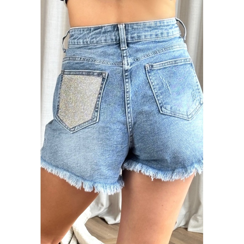 Thea blue diamante pocket denim shorts