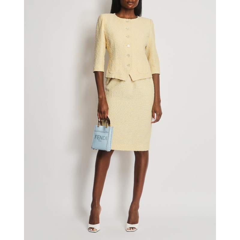 Yves Saint Laurent Pastel Yellow, Pink and Blue Tweed Jacket and Skirt Set Detail Size FR 36 (UK 8)