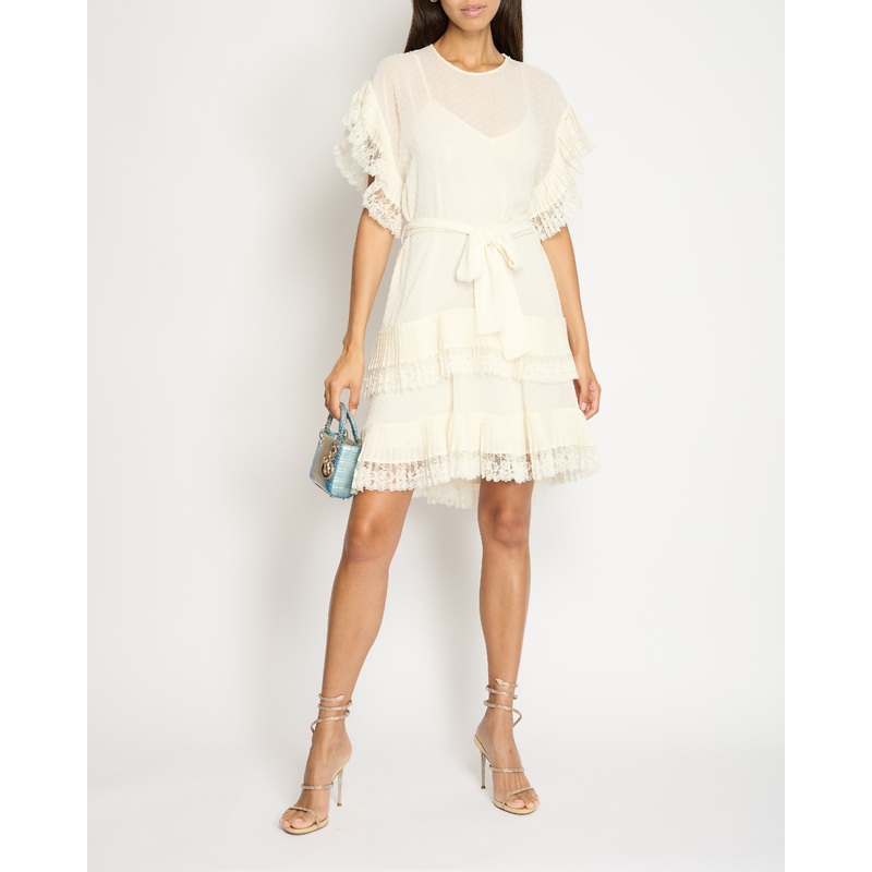 Zimmermann White Round Neck Tiered Midi Dress with Pleated Lace Trim Size 0 (UK 8)