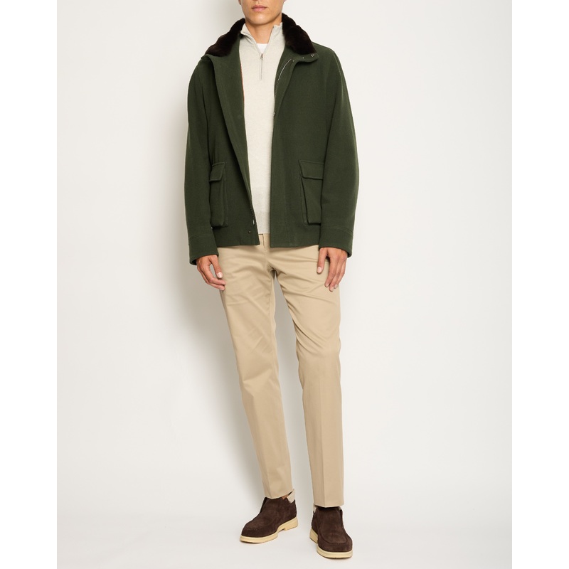 Adamo Menswear Dark Green Wool Jacket with Brown Rex Fur Detail Size IT 54 (UK 44)