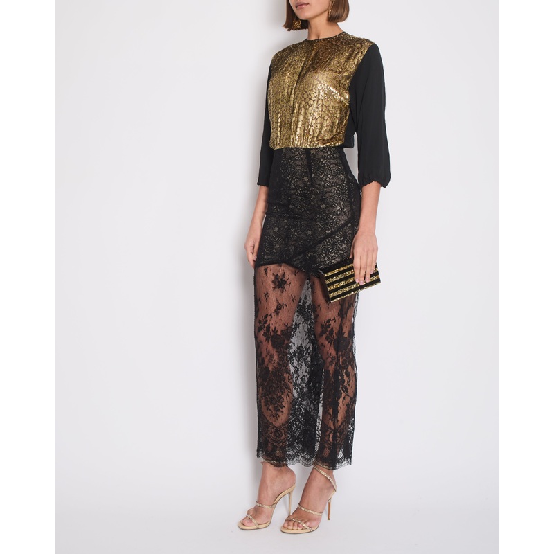 Alessandra Rich Black Gold Metallic Long Sleeve Gown with Lace Detail Size M (UK 10)