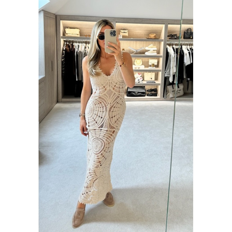 Anais beige sleeveless v-neck crochet midi dress